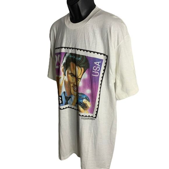 Vintage 90s Elvis Stamp Crewneck T Shirt XL White Single Stitch Short Sleeves - Picture 5 of 8